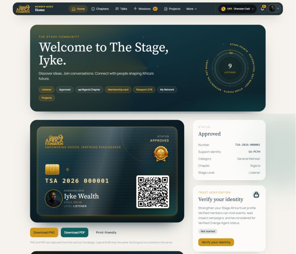 The Stage Africa membership card